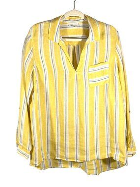J.Jill love linen popover tunic top coastal stripe Button-Tab Sleeve womens L